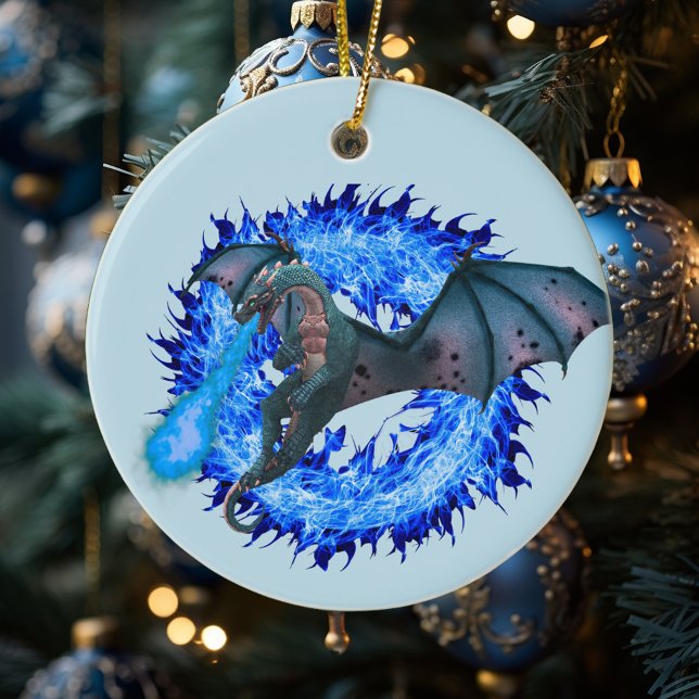 Blue Flaming Fantasy Dragon Keramik Ornament (Von Creator hochgeladen)