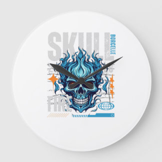 Blue Flaming Skull Streetwear Design | Cyberpunk G Große Wanduhr