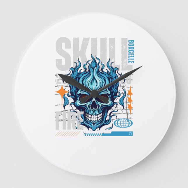 Blue Flaming Skull Streetwear Design | Cyberpunk G Große Wanduhr (Vorderseite)