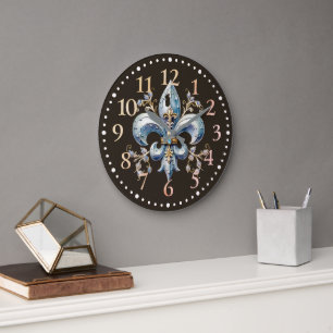 Blue Fleur de Lys Wall Clock Große Wanduhr