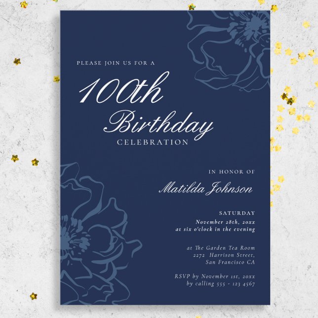 Blue Floral 100. Geburtstagsparty Einladung (Blue Floral 100th Birthday Party Invitation)