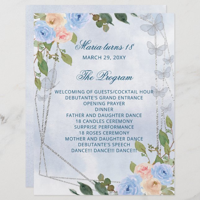 Blue Floral 18 Candles and Roses Ceremony Program (Vorne/Hinten)