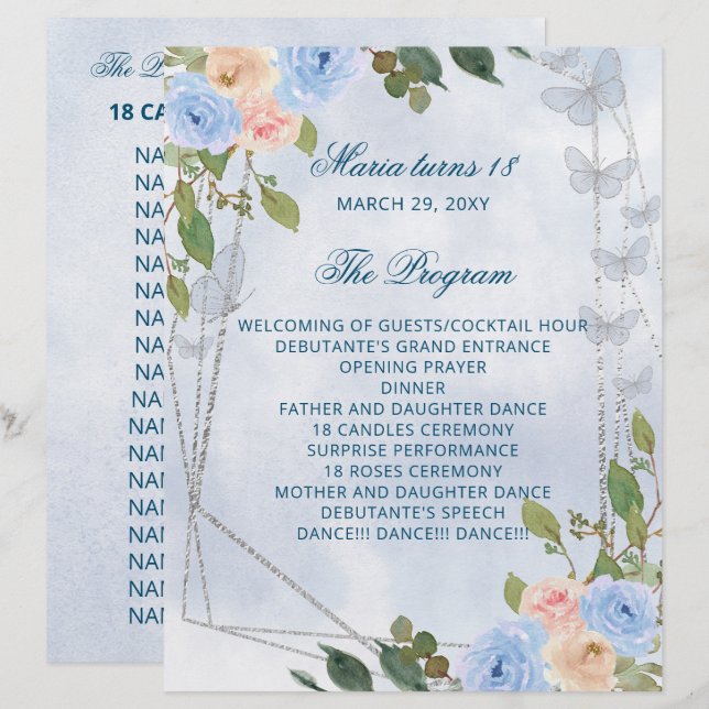Blue Floral 18 Kerzen und Rose Zeremonie Programm (Vorne/Hinten)