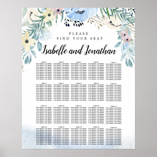 Blue Floral 20-Tisch DIY Hochzeitskarte Poster (Vorne)