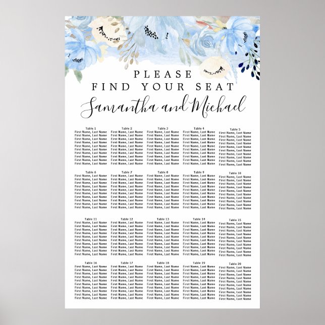 Blue Floral 20-Tisch Hochzeitskarte Poster (Vorne)