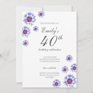 Blue Floral 40. Geburtstagsfeier Party Einladung