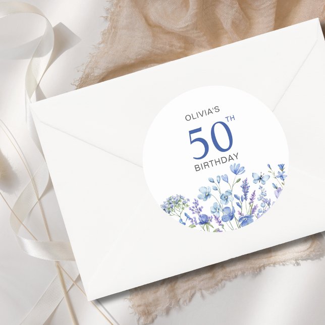 Blue Floral 50. Geburtstag Runder Aufkleber (Von Creator hochgeladen)