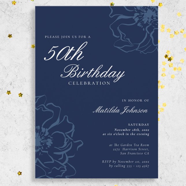 Blue Floral 50. Geburtstagsparty Einladung (Blue Floral 50th Birthday Party Invitation)