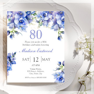 Blue Floral 80. Geburtstag Einladung