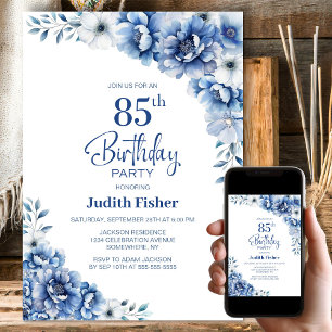 Blue Floral 85. Geburtstagsparty Einladung