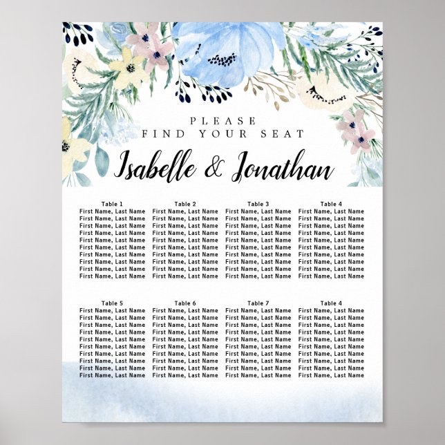 Blue Floral 8-Tisch-DIY-Hochzeitskarte Poster (Vorne)