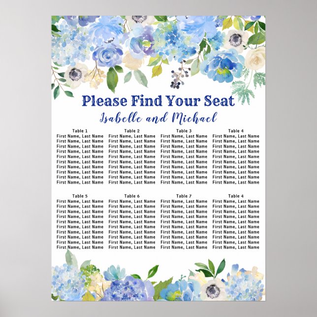 Blue Floral 8-Tisch Hochzeitskarte Poster (Vorne)