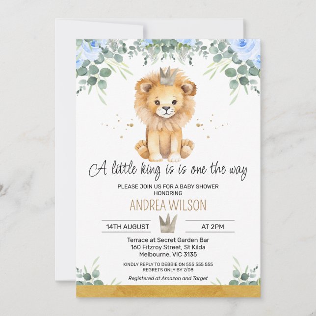 Blue Floral A Little King Lion Baby Dusche Einladung (Vorderseite)