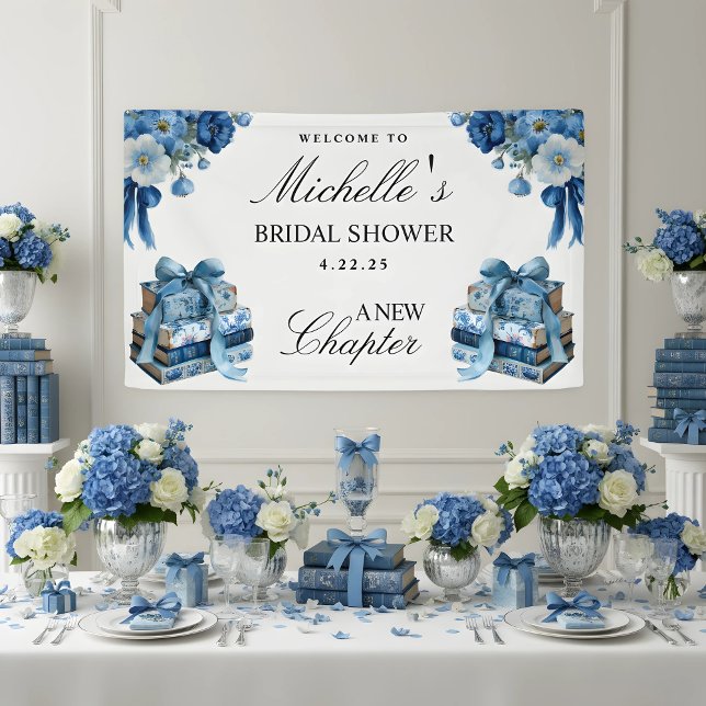 Blue Floral A New Chapter Brautparty Banner (Von Creator hochgeladen)