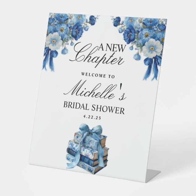 Blue Floral A New Chapter Brautparty Sign Sockelschild (Vorderseite)