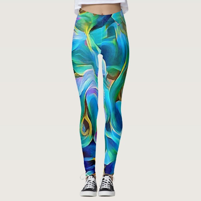 Blue Floral Abstrakt Art Leggings (Vorderseite)