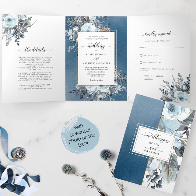 Blue Floral All in One Wedding with UAWG Dreifach Gefaltete Einladung (Von Creator hochgeladen)