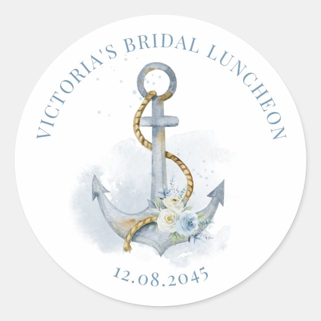 Blue Floral Anchor Nautical Bridal Luncheon Runder Aufkleber (Vorderseite)