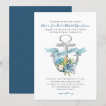 Blue Floral Anchor Nautical Watercolor Wedding Inv
