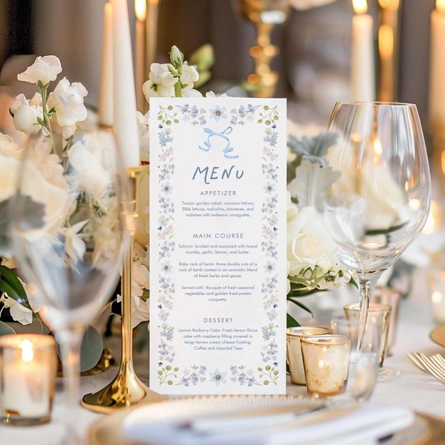 Blue Floral and Bow Bridal Shower Menükarte (Blue floral and bow bridal shower menu)