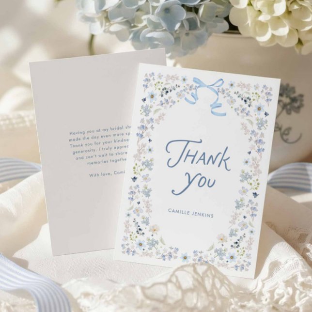 Blue Floral and Bow Bridal Shower Thank you  Dankeskarte (Blue Floral Bridal Shower Thank you Card with message)