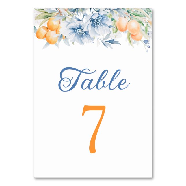 Blue Floral and Lemon Wedding Tischnummer (Vorderseite)