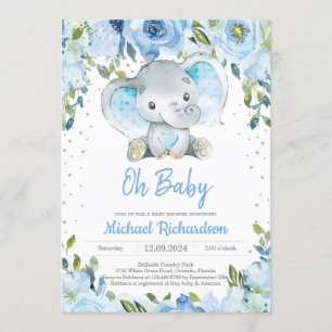 Blue Floral and Niedlich Elephant Boy Baby Shower  Einladung