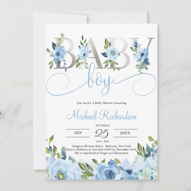 Blue Floral and Silver Foil Boho Einladung (Vorderseite)