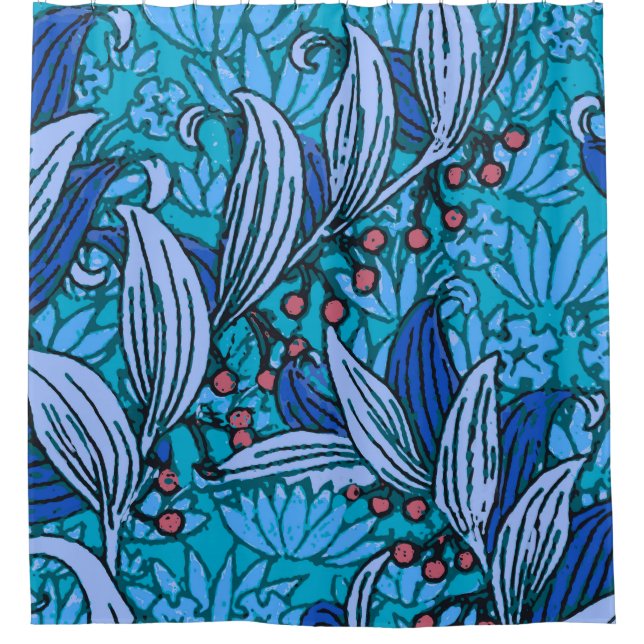 Blue Floral Antique Boho Moderne Duschvorhang (Vorderseite)