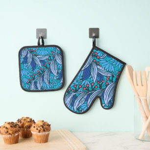 Blue Floral Antique Boho Moderne Ofenhandschuh & Topflappen-Set