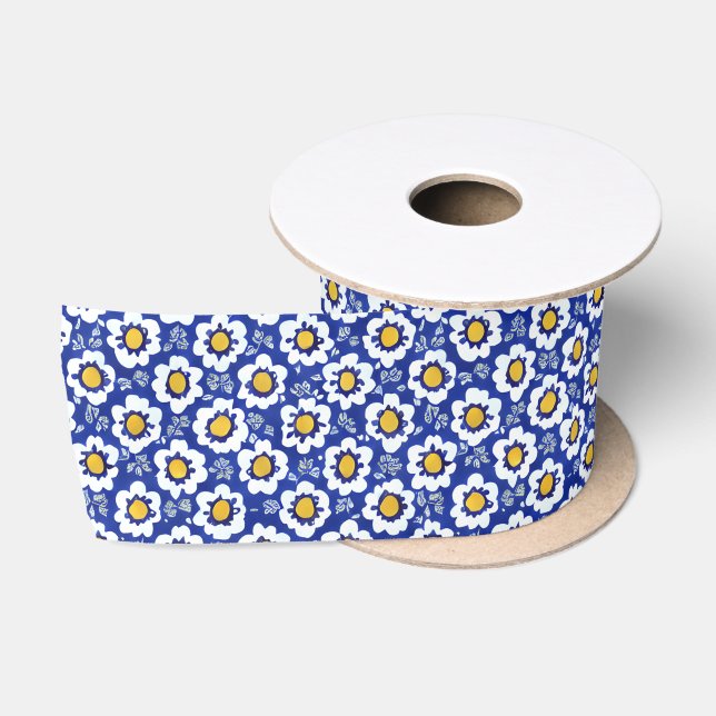 Blue Floral Arabic Pattern Satin Ribbon Satinband (Spule)