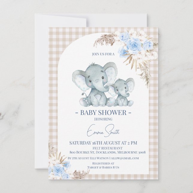 Blue Floral Arch Elephant Baby Dusche Einladung (Vorderseite)