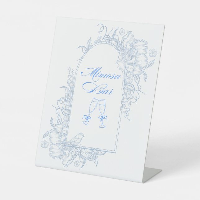 Blue Floral Arch Gerahmt Mimosa Bar Sign Sockelschild (Vorderseite)
