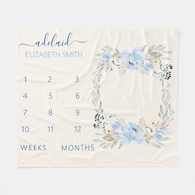 Blue Floral Baby Girl Milestone Blanket Fleecedecke (Vorderseite (Horizontal))