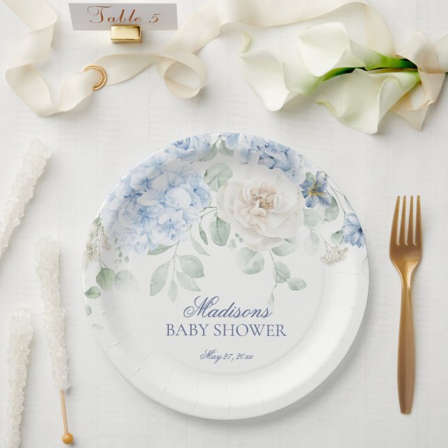 Blue Floral Baby in Bloom Hydrangea Babydusche Pappteller (Hochzeit)