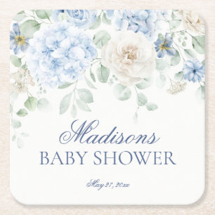 Blue Floral Baby in Bloom Hydrangea Babydusche Rechteckiger Pappuntersetzer