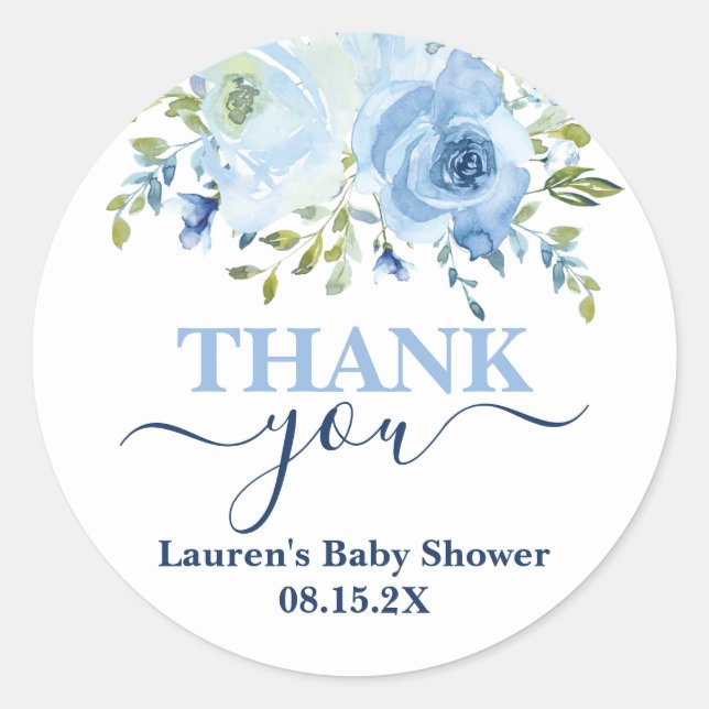 Blue Floral Baby Shower Boy Classic Round Sticker (Vorderseite)