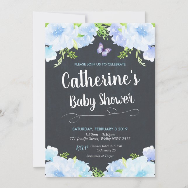 Blue Floral Baby Shower Einladungen Junge (Vorderseite)