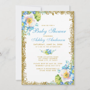 Blue Floral Baby Shower Gold Glitzer Einladung
