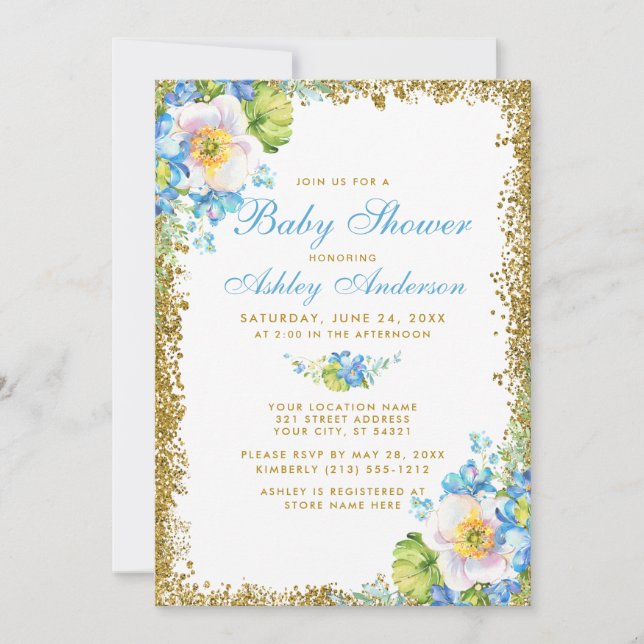Blue Floral Baby Shower Gold Glitzer Einladung (Vorderseite)