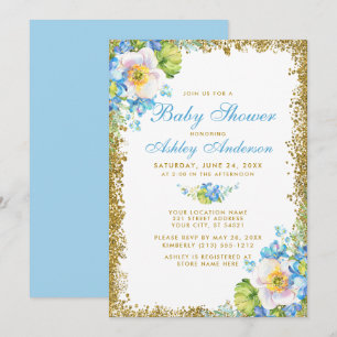 Blue Floral Baby Shower Gold Glitzer Einladung B