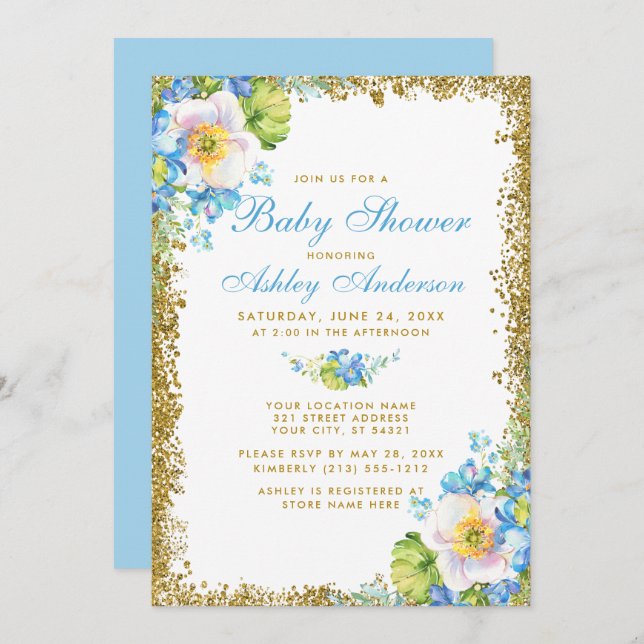 Blue Floral Baby Shower Gold Glitzer Einladung B (Vorne/Hinten)