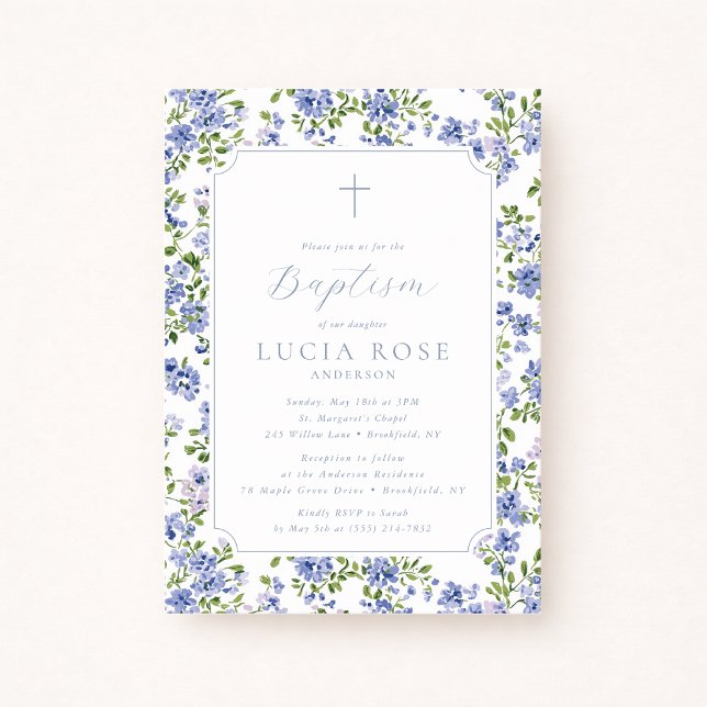 Blue Floral Baptism Invitation for Girl Einladung (Von Creator hochgeladen)