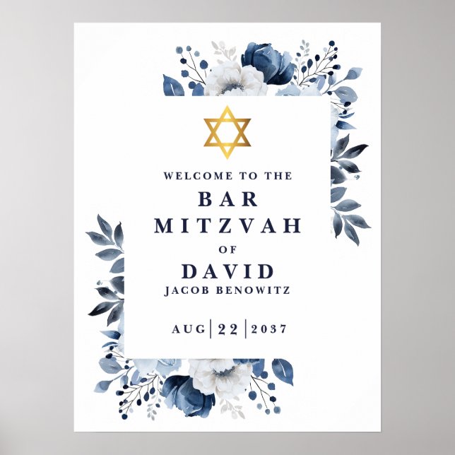 Blue Floral Bar Mitzvah Bat Mitzvah Begrüßungszeic Poster (Vorne)
