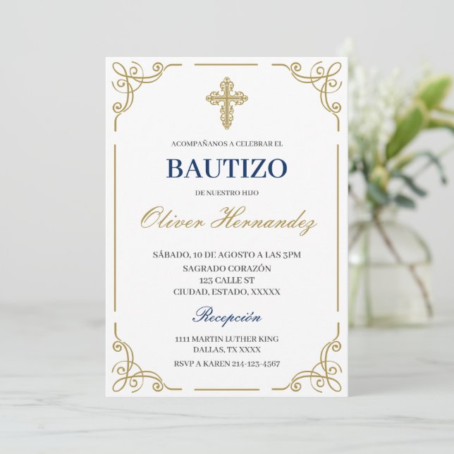 Blue Floral Bautizo Spanische Einladung (Stehend Vorderseite)