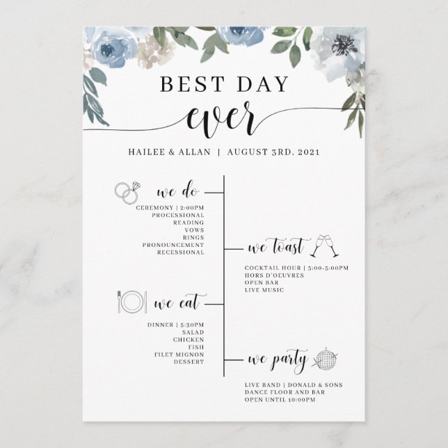 Blue Floral Best Day Ever Wedelzeitprogramm Programm (Vorderseite)