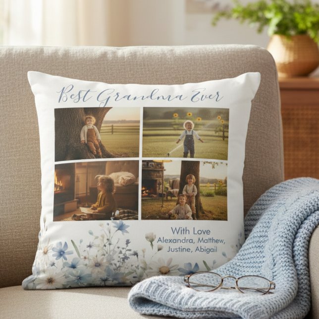 Blue Floral Best Grandma Ever Picture Gift Kissen (Blue floral best grandma photo gift throw pillow)