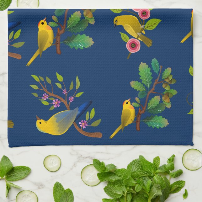 Blue Floral Bird Print Geschirrtuch (Gefaltet)