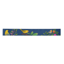 Blue Floral Bird Print Satinband