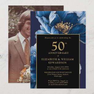 Blue Floral Black and Gold 50 Jahre Foto Einladung